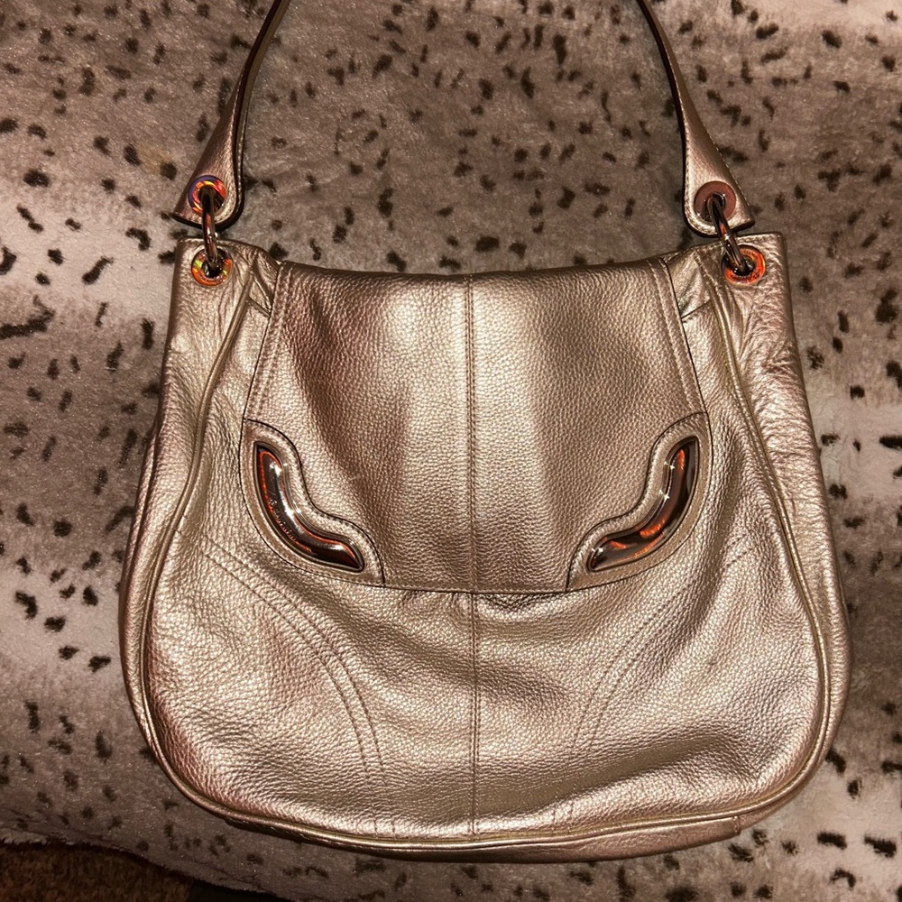 b. makowsky Metallic Silver Pebbled Leather Hobo